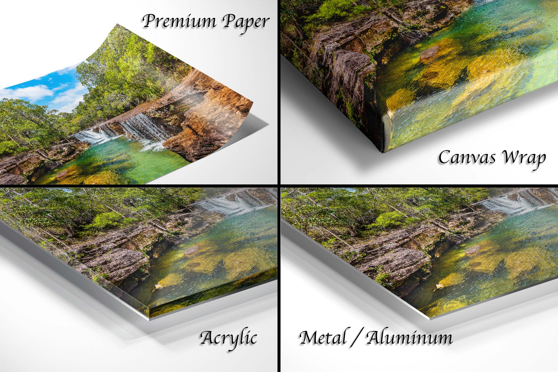 four different images of a waterfall in the woods