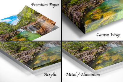 four different images of a waterfall in the woods