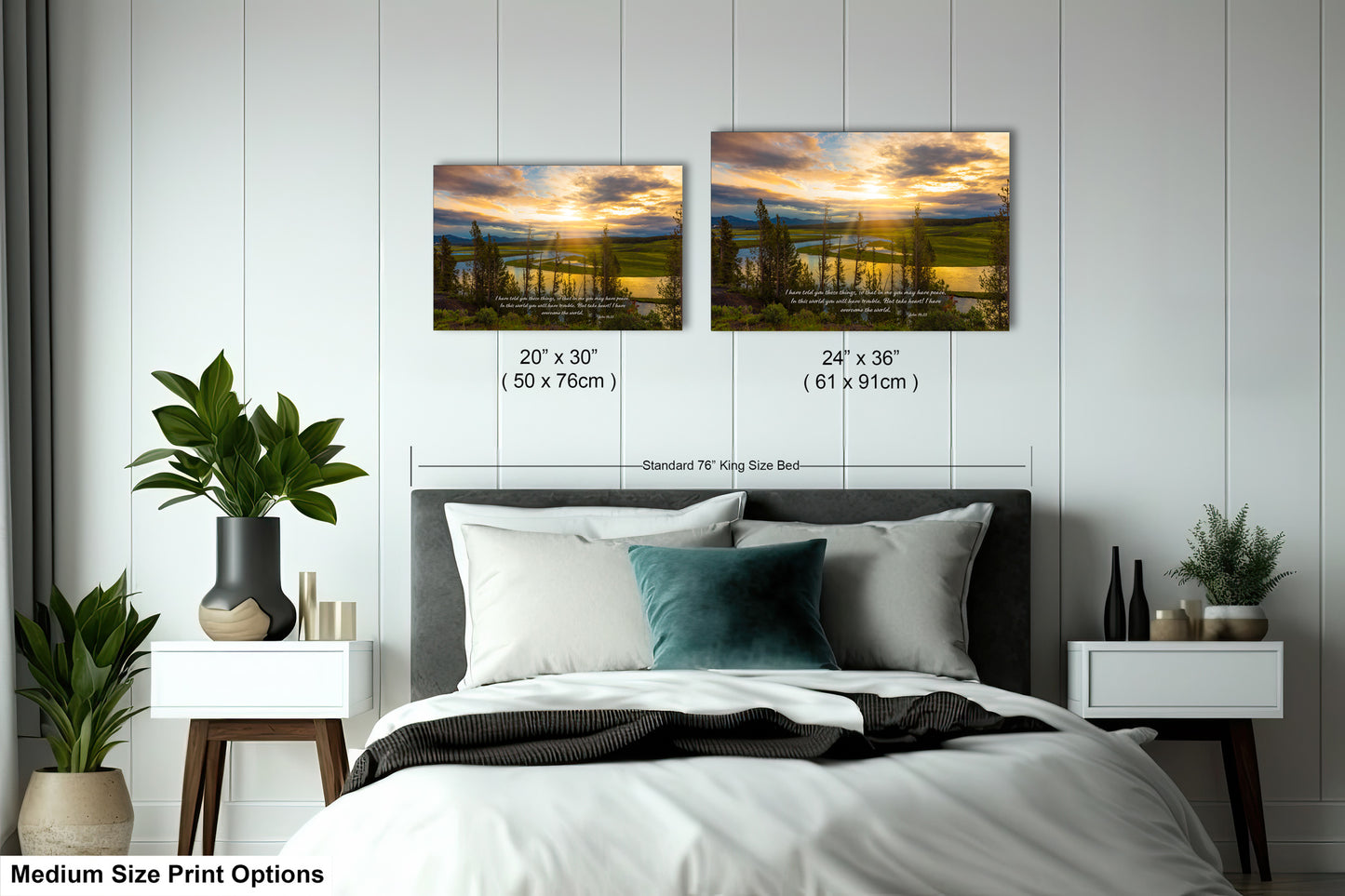 a bed room with a neatly made bed and two pictures on the wall