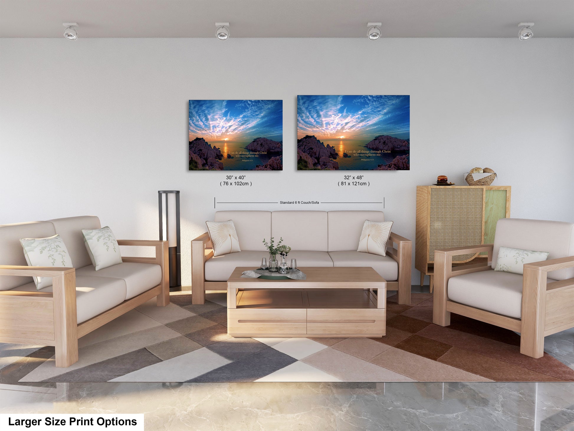 a living room filled with furniture and a painting on the wall