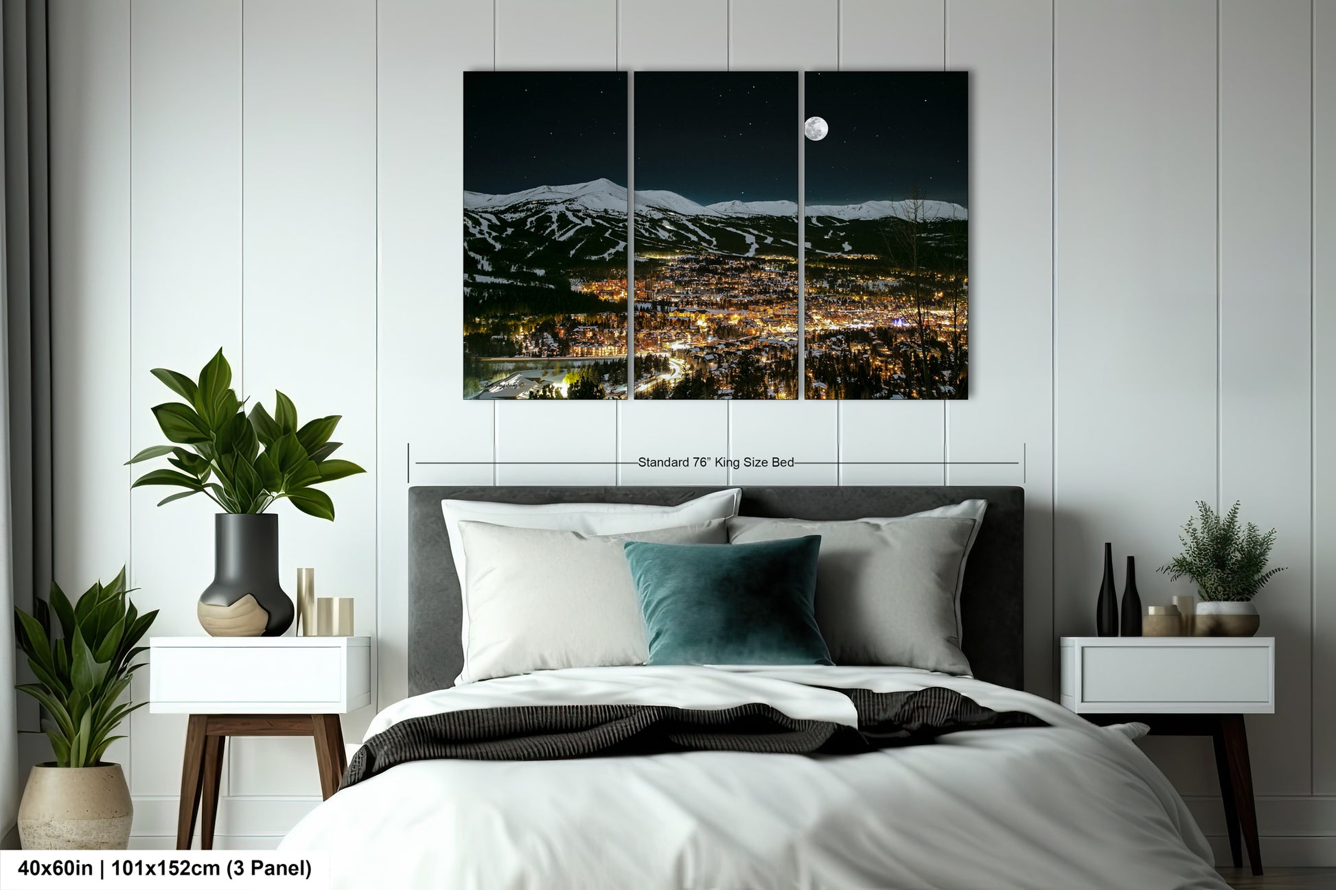 a bedroom scene with a bed and a night scene