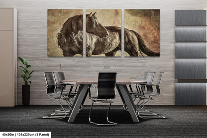 a painting of a horse on a wall next to a table