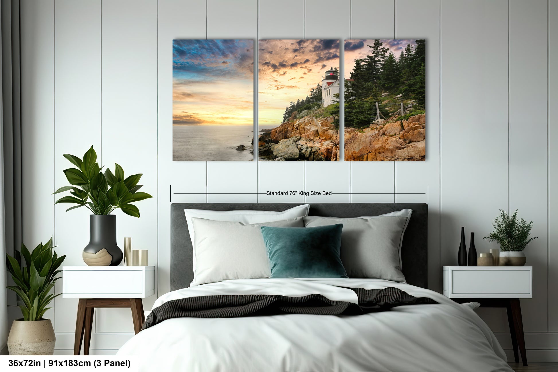 a bedroom scene with a bed and two paintings on the wall