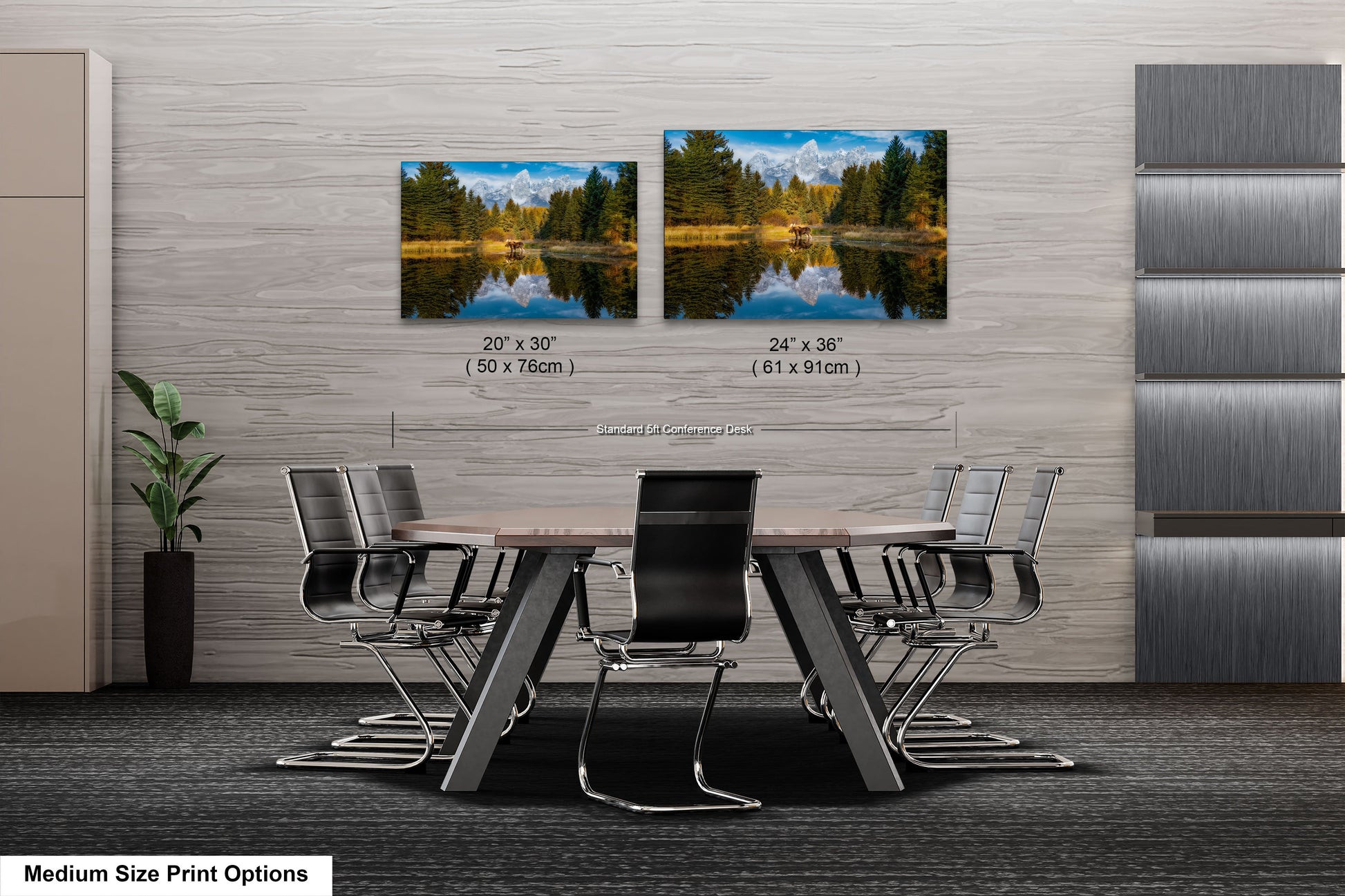 a dining room table with chairs next to a wall with a picture of a lake