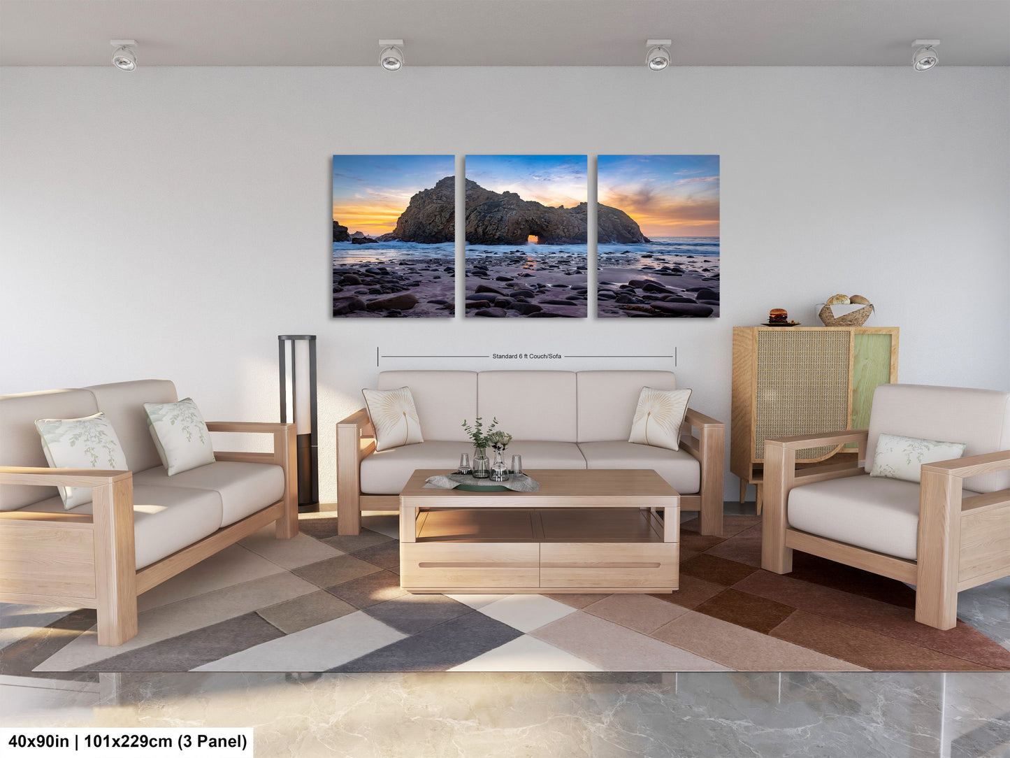 a living room filled with furniture and a painting on the wall