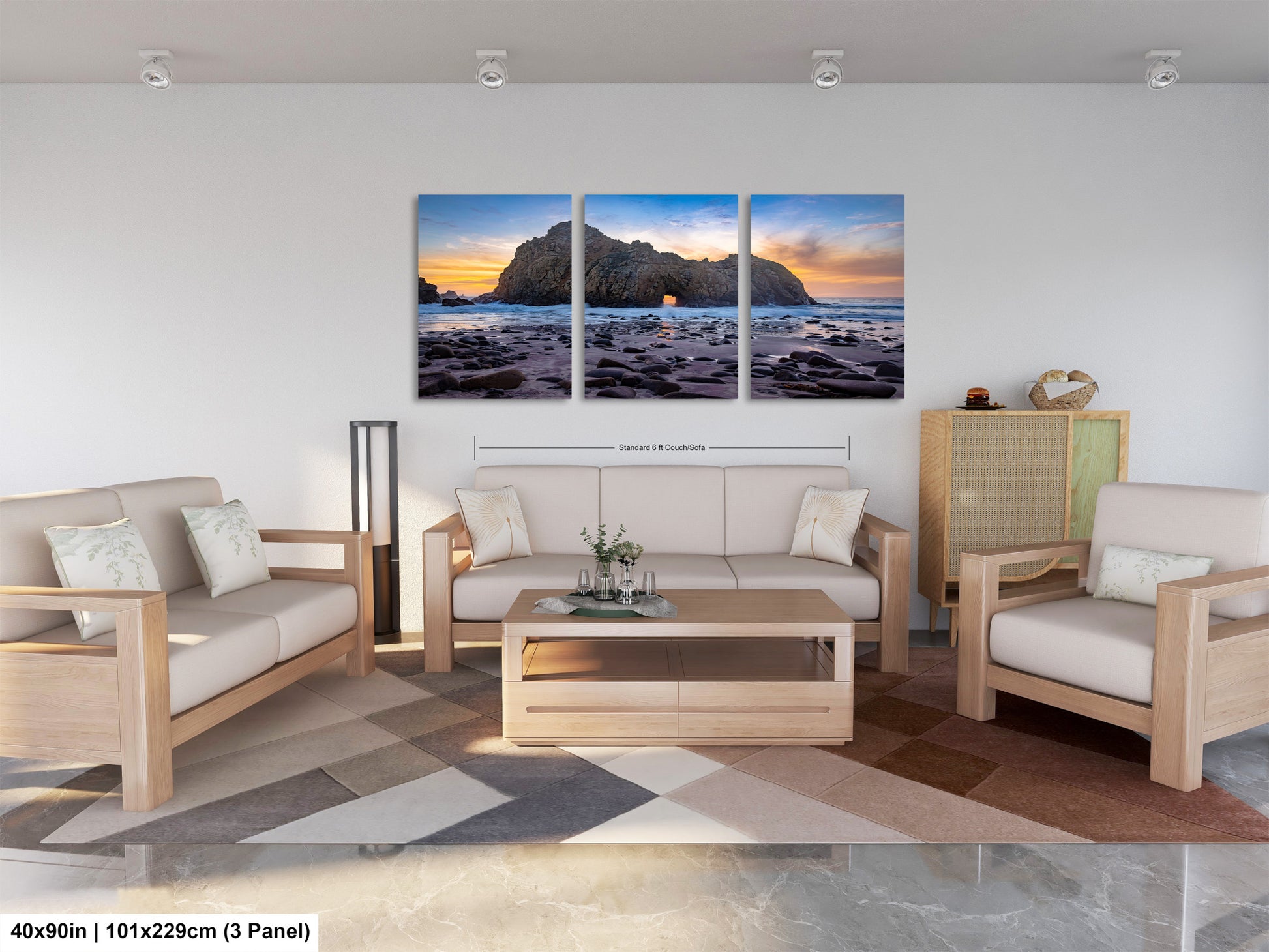 a living room filled with furniture and a painting on the wall