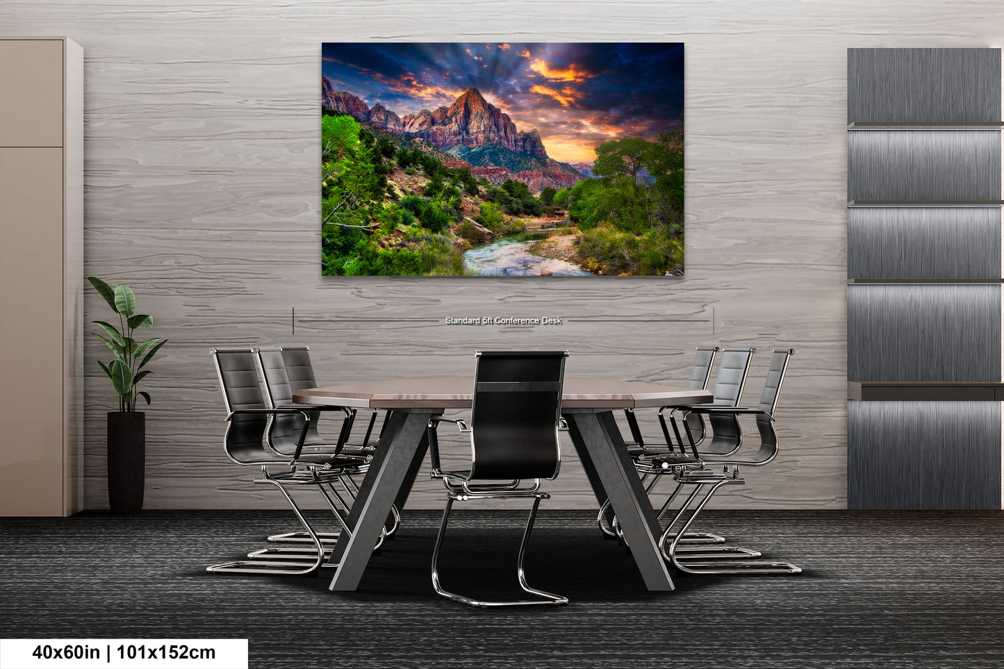 a dining room table with chairs and a painting on the wall