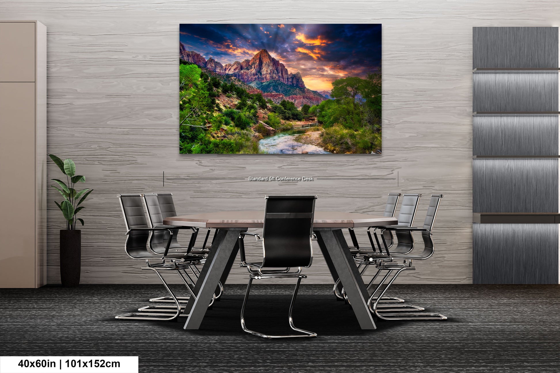 a dining room table with chairs and a painting on the wall