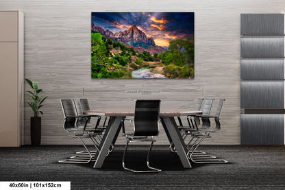 a dining room table with chairs and a painting on the wall
