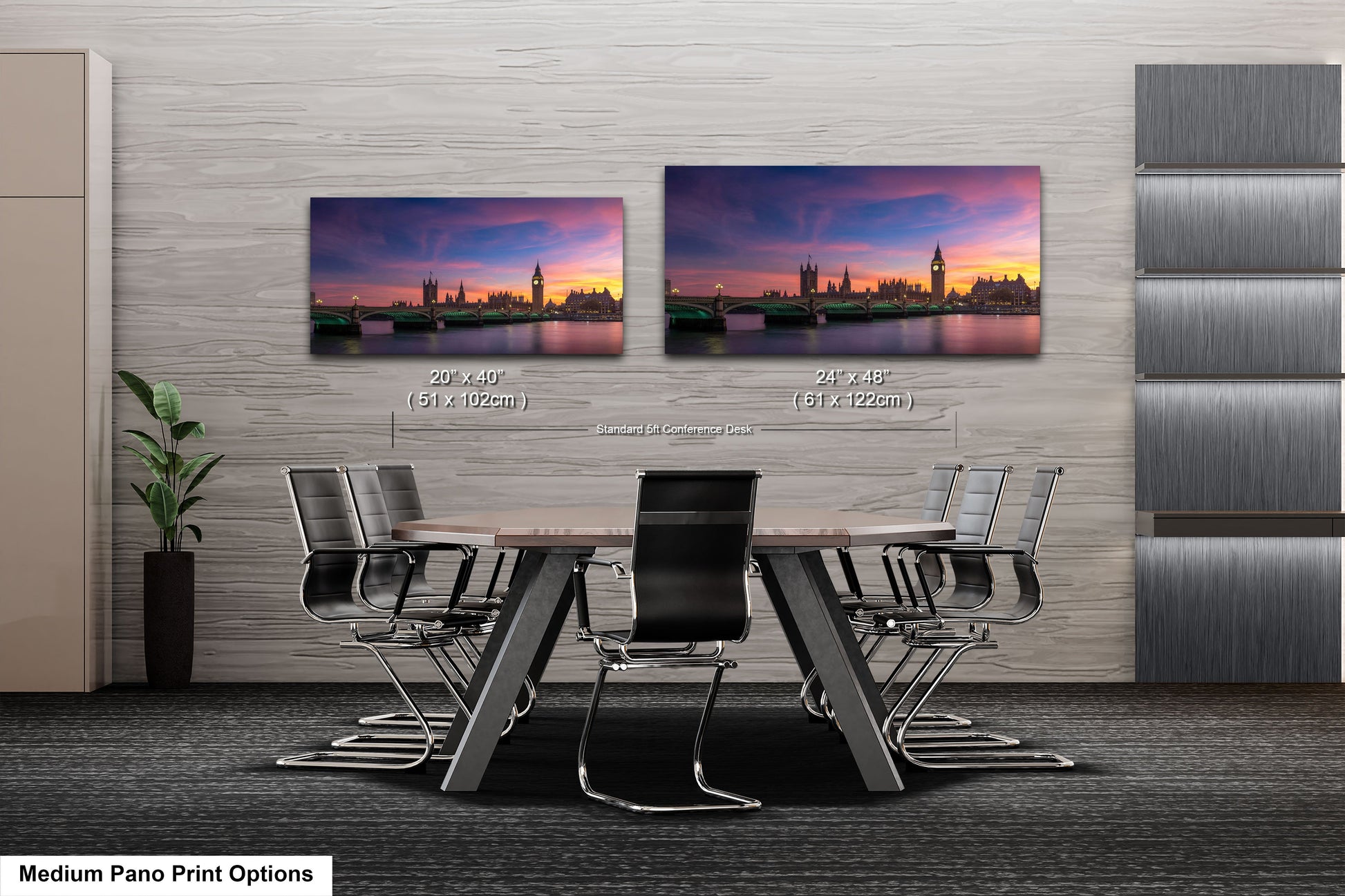 a dining room table with a view of a city at sunset