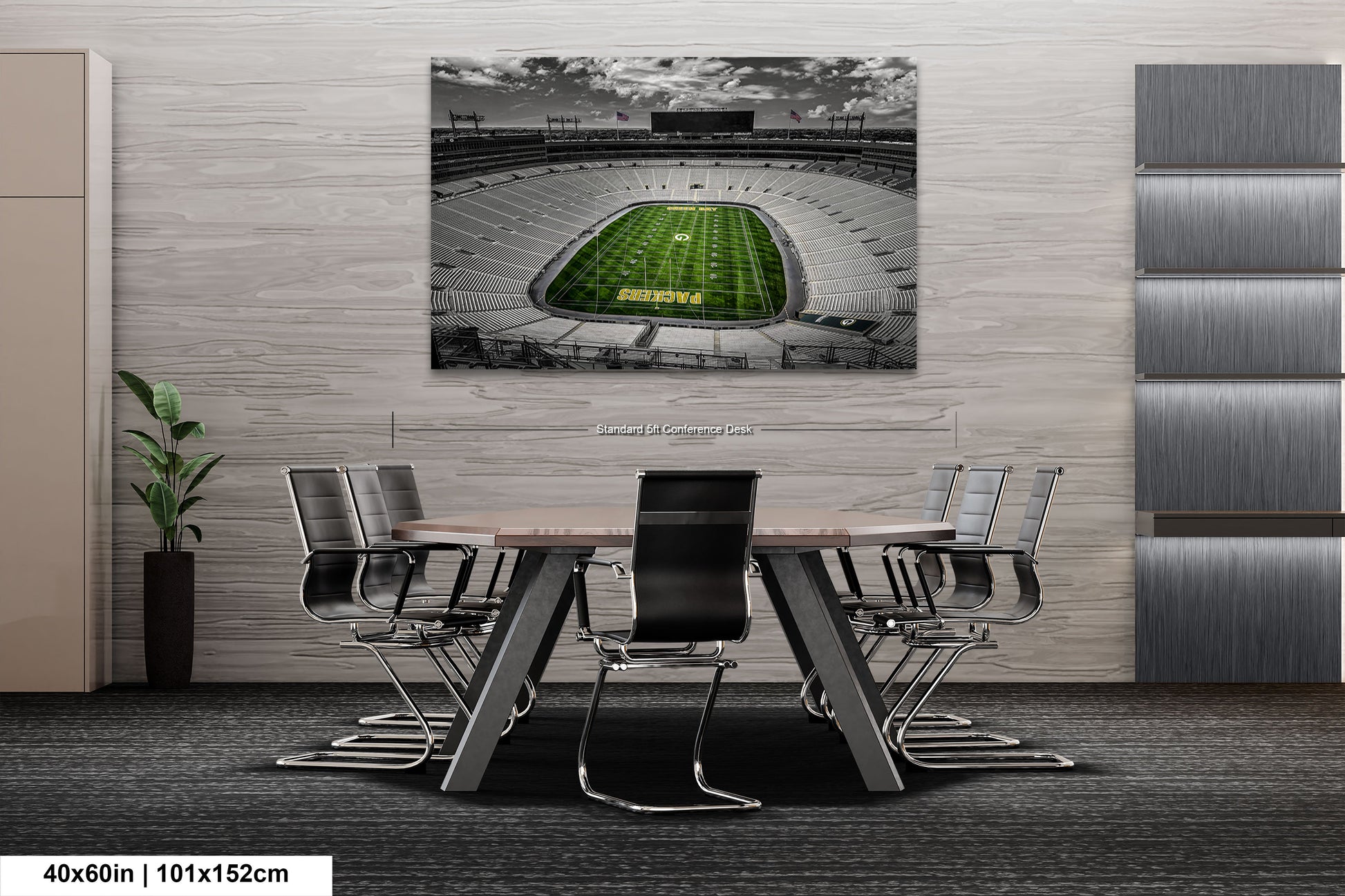 a table with chairs and a painting of a football stadium