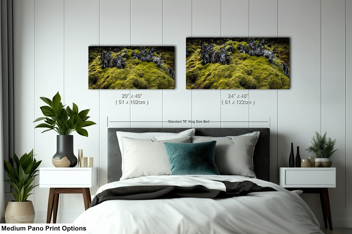 a bedroom with a bed and two pictures on the wall
