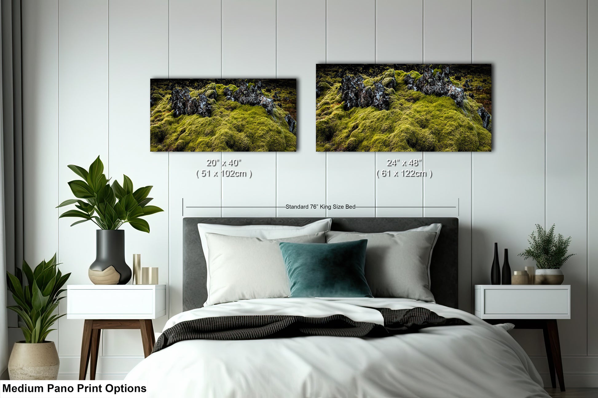 a bedroom with a bed and two pictures on the wall