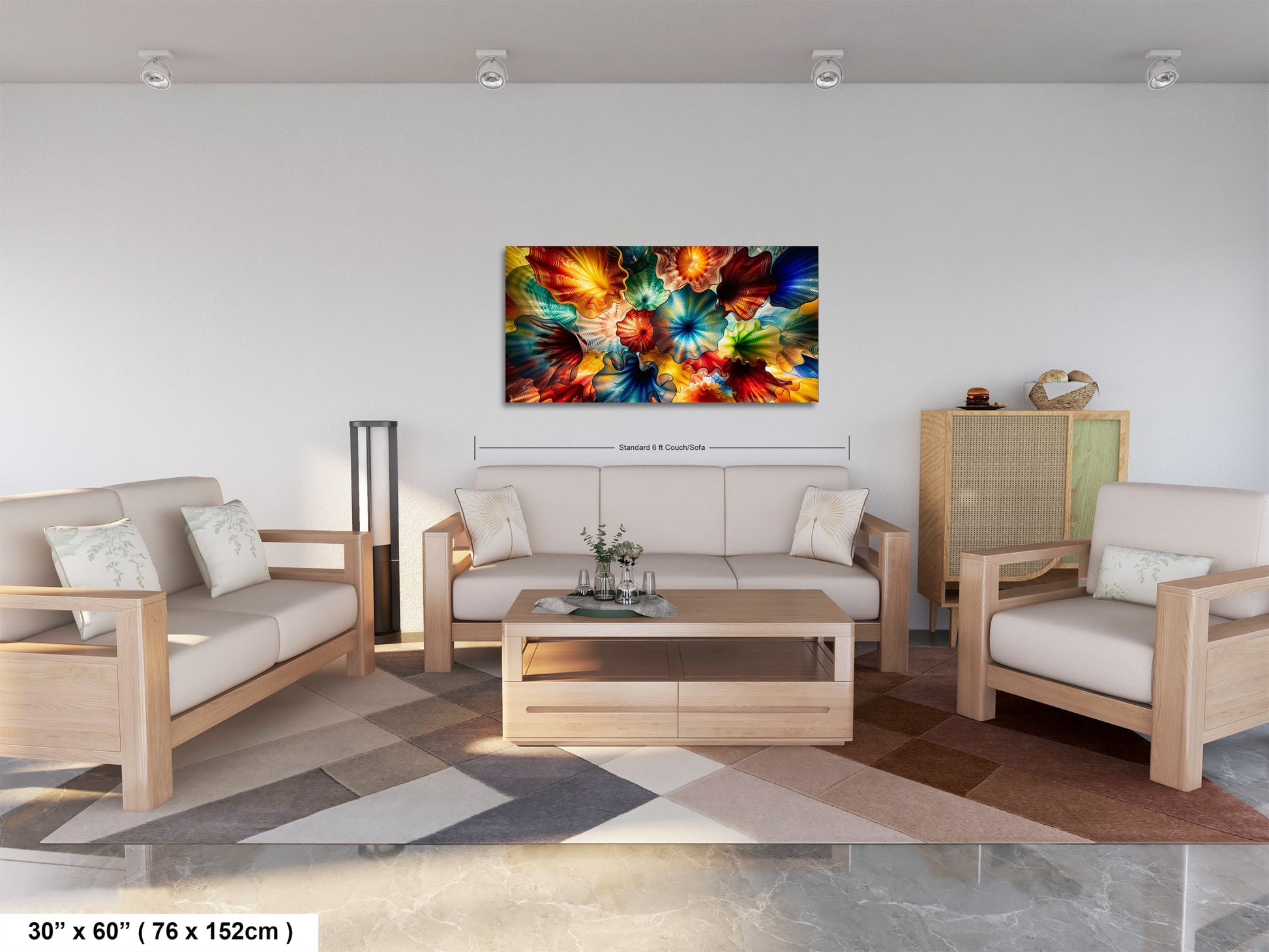 a modern living room with a large, colorful abstract painting hanging on the wall above a wooden coffee table. The room is furnished with a sofa, two armchairs, and a wooden cabinet. The furniture appears to be made of light-colored wood, and the floor is covered with a patterned rug. The image is a collage of multiple images, and the dimensions provided are 30 inches by 76 millimeters.