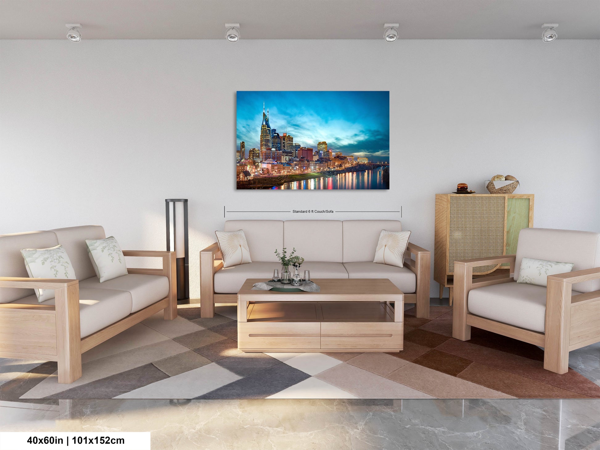 a living room filled with furniture and a painting on the wall