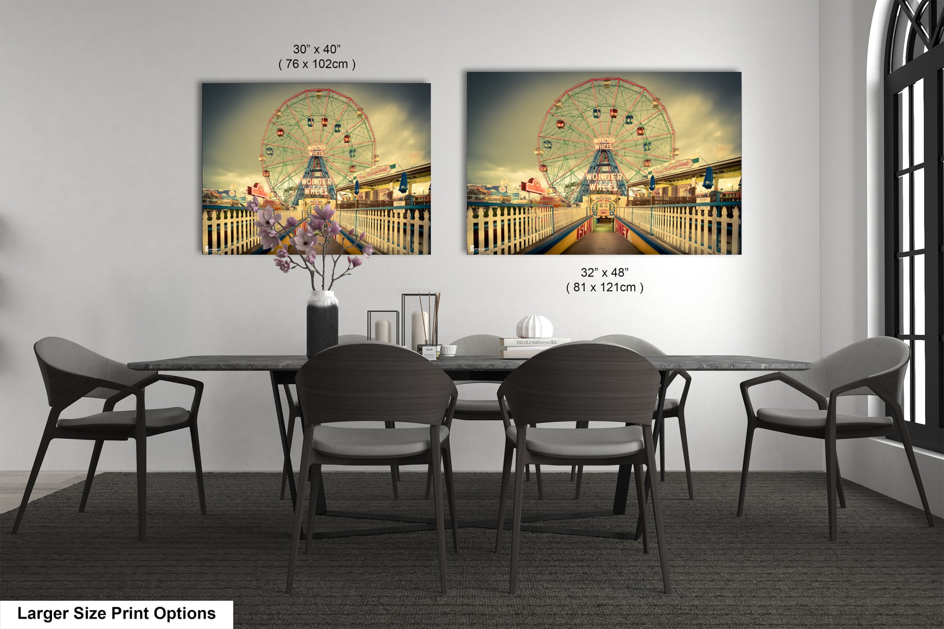 a dining room with a table and chairs and a ferris wheel in the background