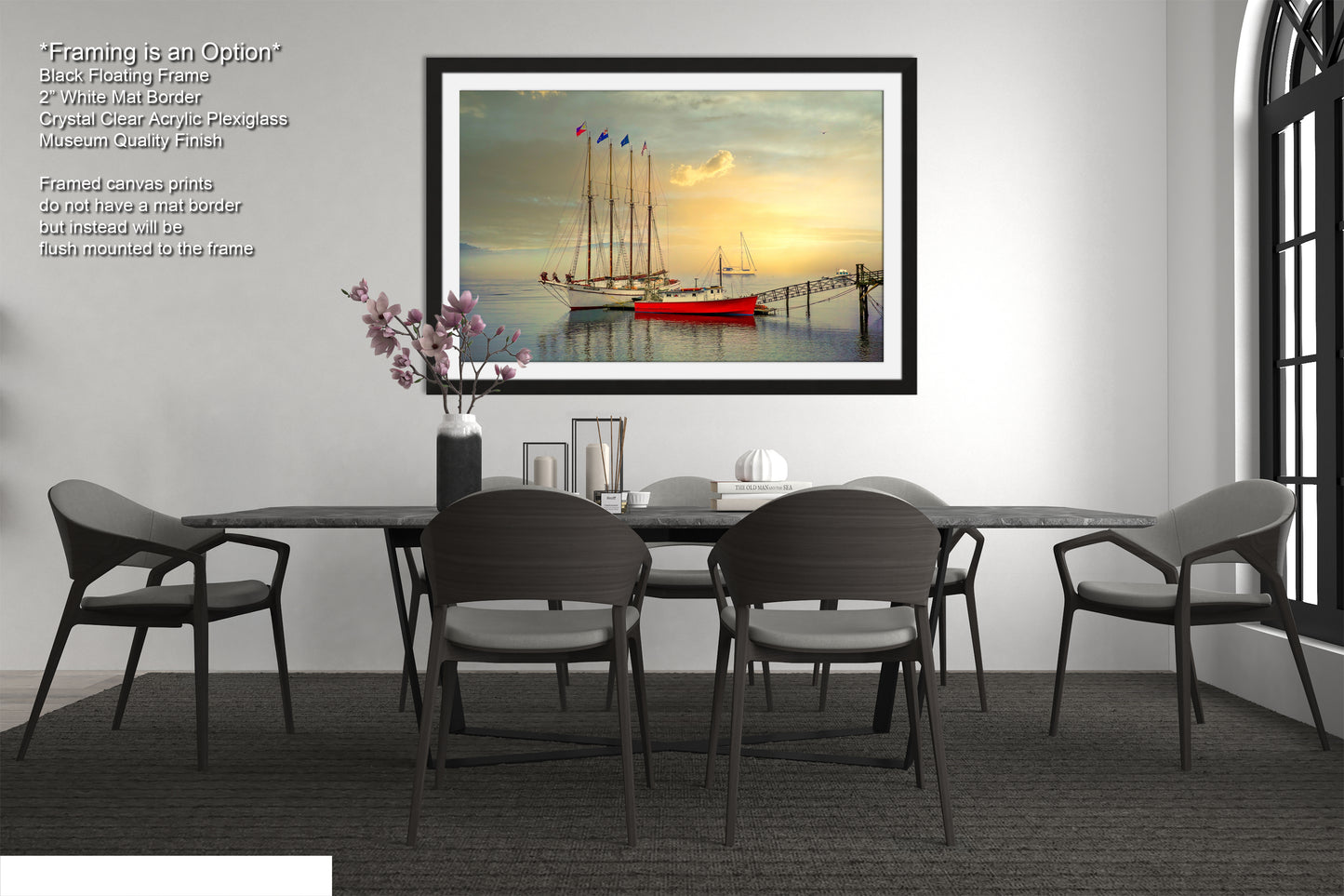 a dining room with a table and chairs and a painting on the wall
