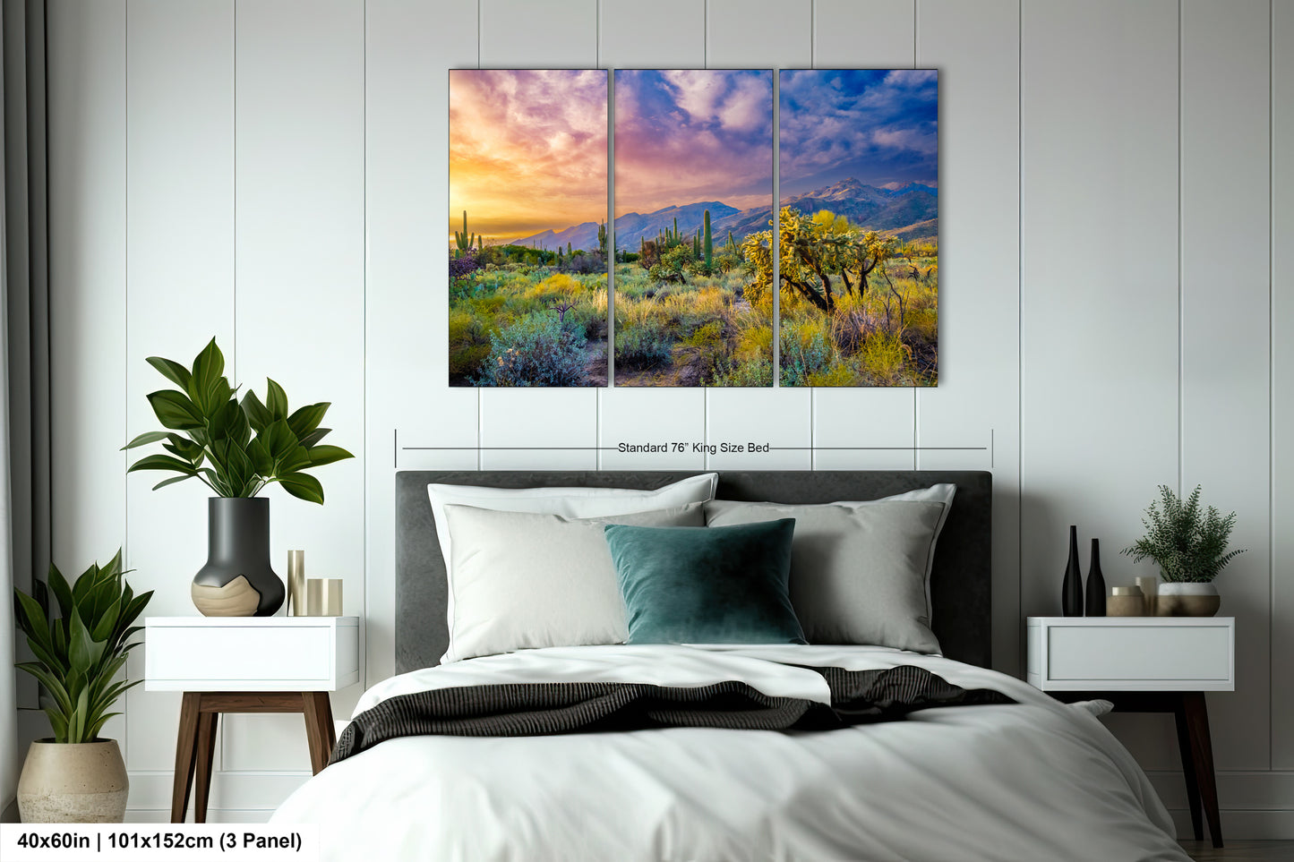 a bedroom with a bed and a painting on the wall