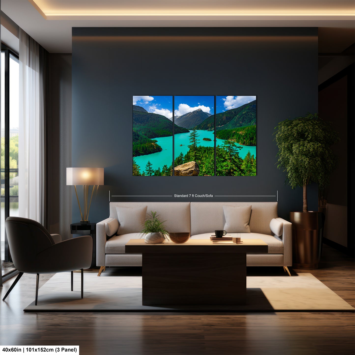 a modern living room with a large, high-resolution landscape painting hanging on the wall. The painting features a serene mountain scene with a turquoise lake and lush green forests. The room is furnished with a white sofa, a wooden coffee table, and a potted plant, creating a cozy and inviting atmosphere.