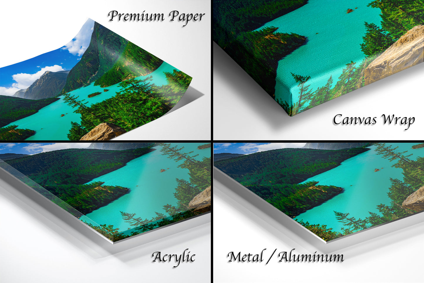 The image is a collage of four different images, each depicting a landscape with a lake and mountains. The images are labeled as "Premium Paper", "Canvas Wrap", "Acrylic", and "Metal/Aluminum".