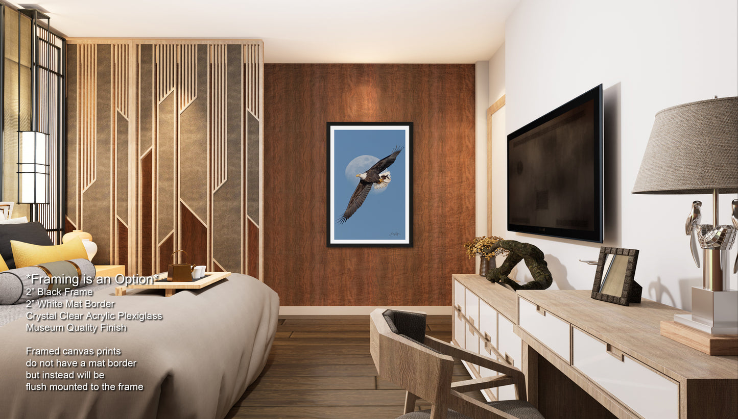 a modern bedroom with a large bed, a wooden dresser, a television, and a framed artwork of a bird in flight.