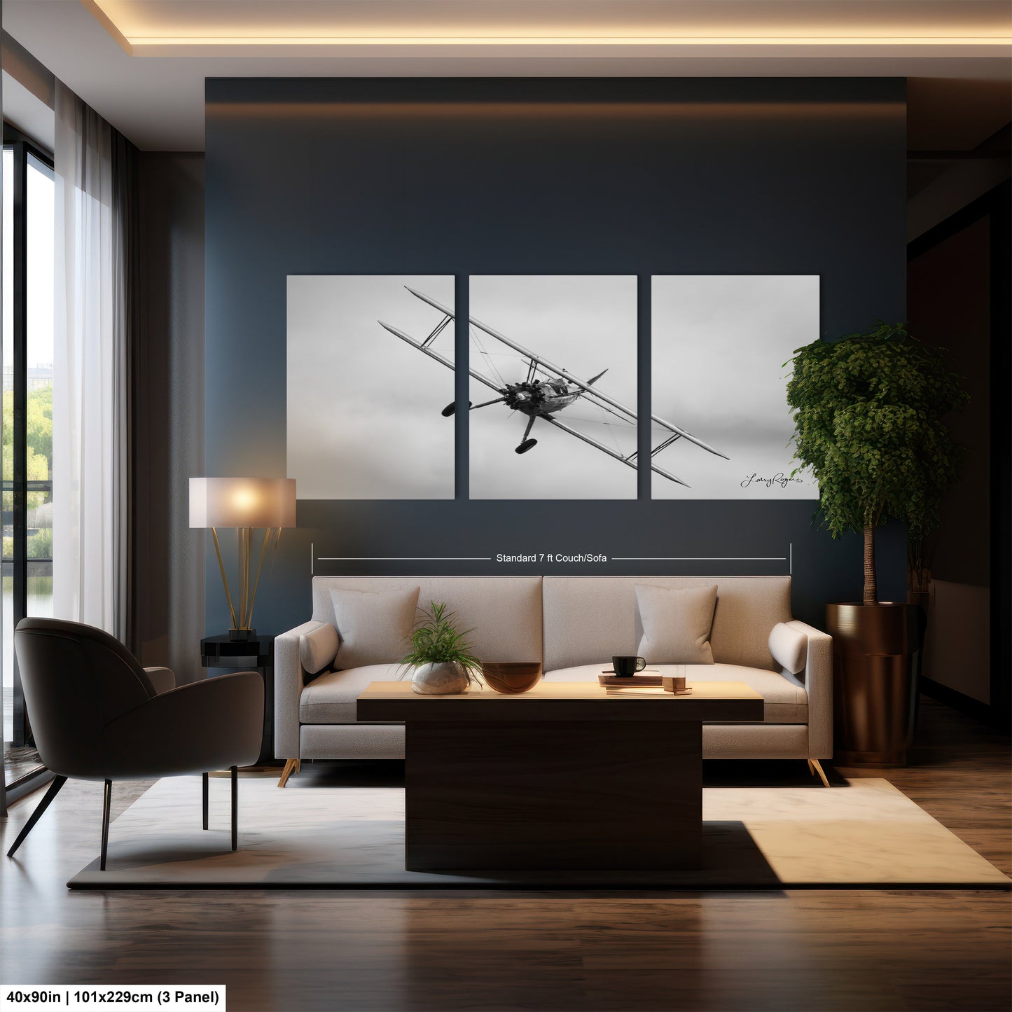 a living room filled with furniture and a painting on the wall
