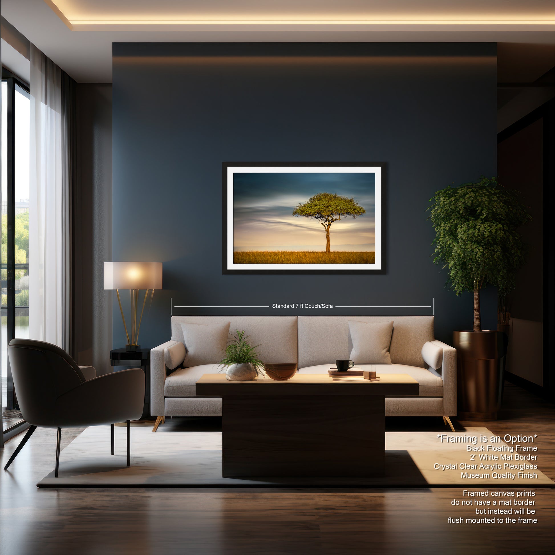 a living room with a couch a chair and a painting