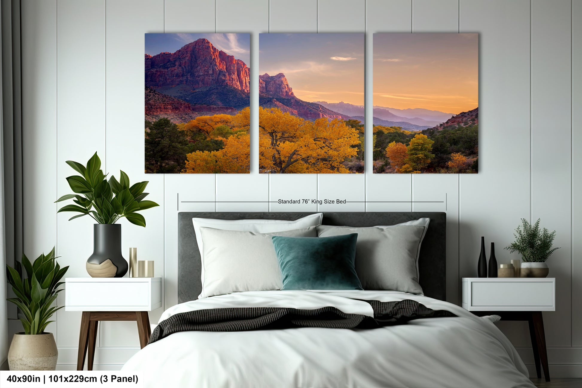 a bed room with a neatly made bed and two pictures on the wall