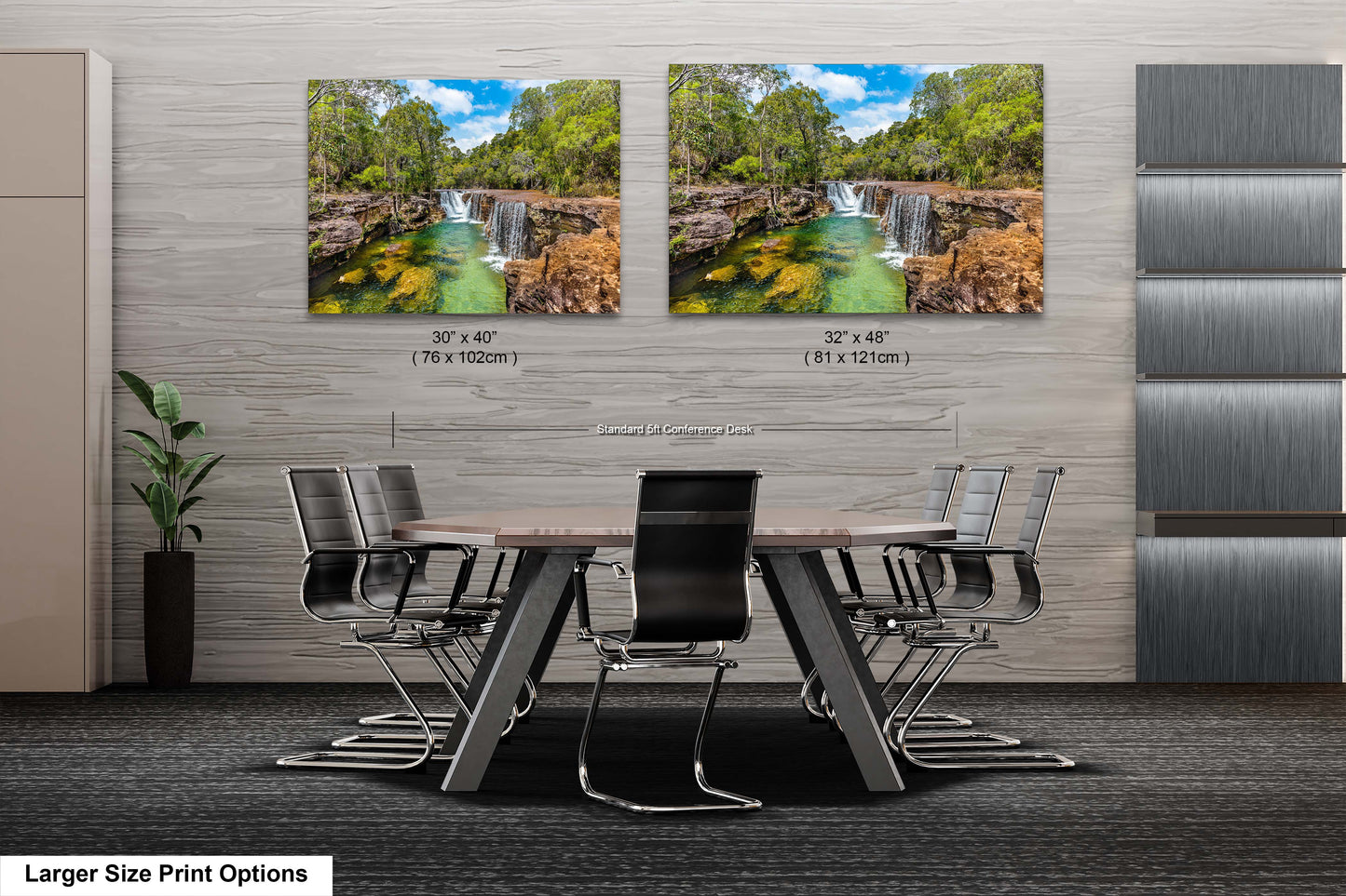 a dining room table with chairs and two pictures of a waterfall