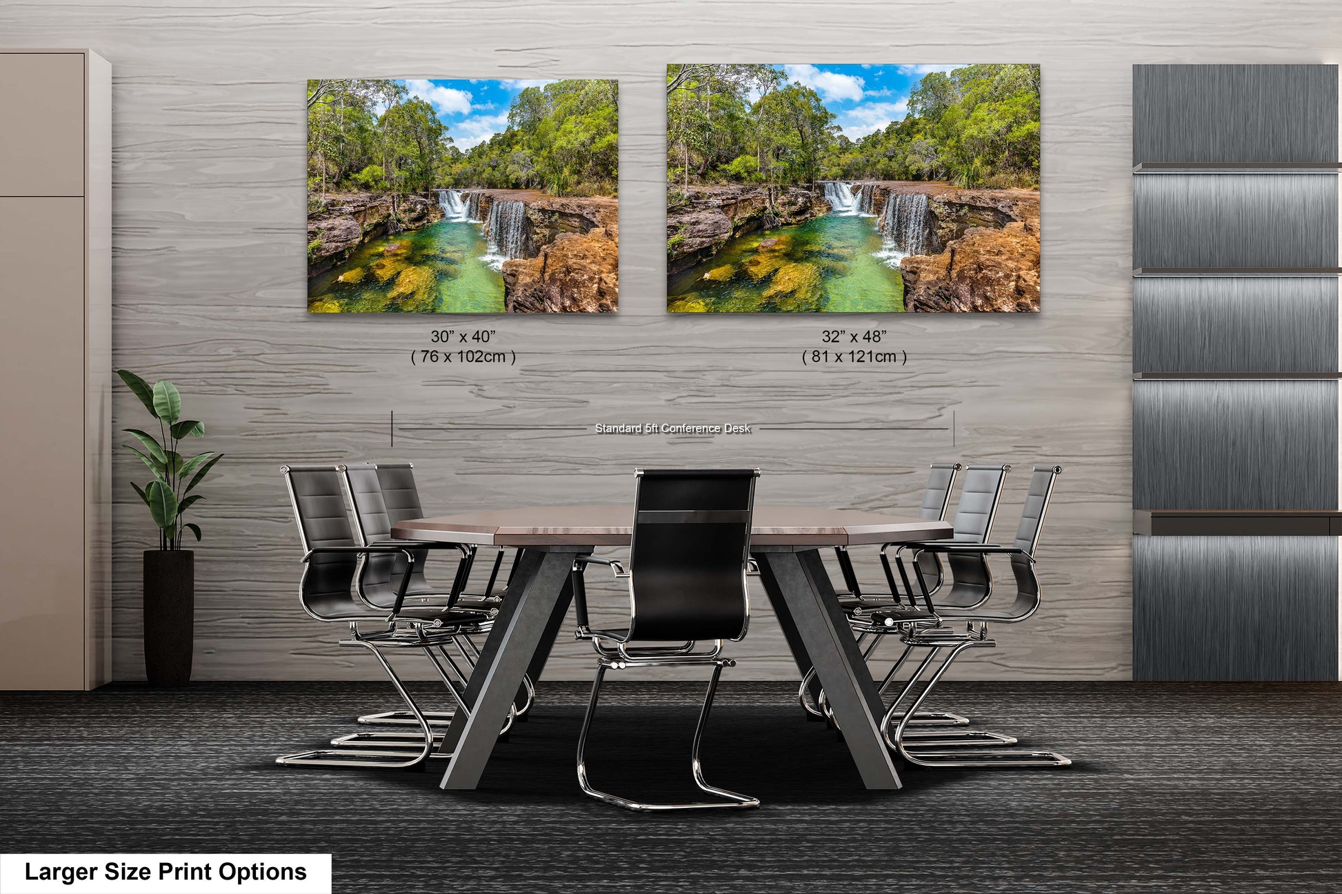 a dining room table with chairs and two pictures of a waterfall