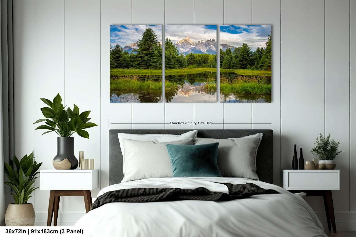 a bed room with a neatly made bed and two paintings on the wall