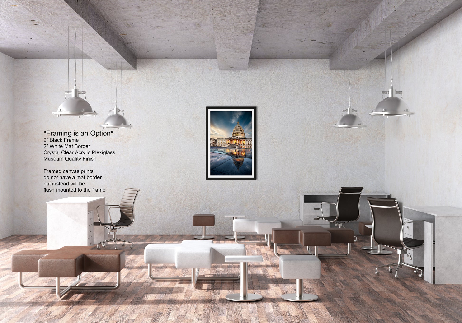 a room with a lot of chairs and a picture on the wall