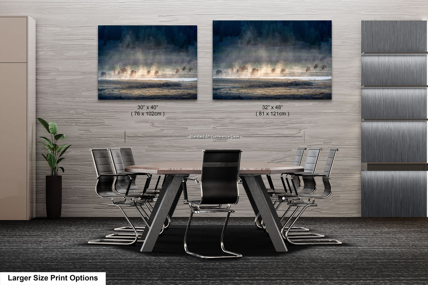a room with a table and chairs and two pictures of a waterfall