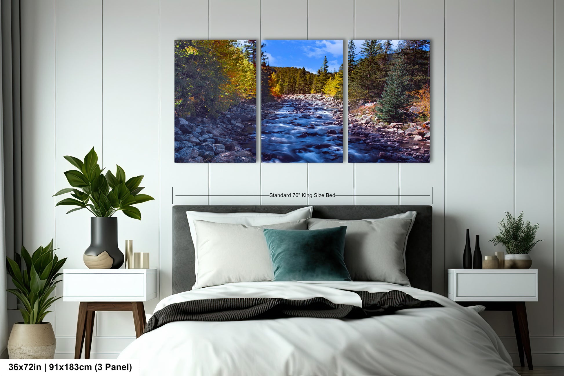 a bedroom scene with a bed and two paintings