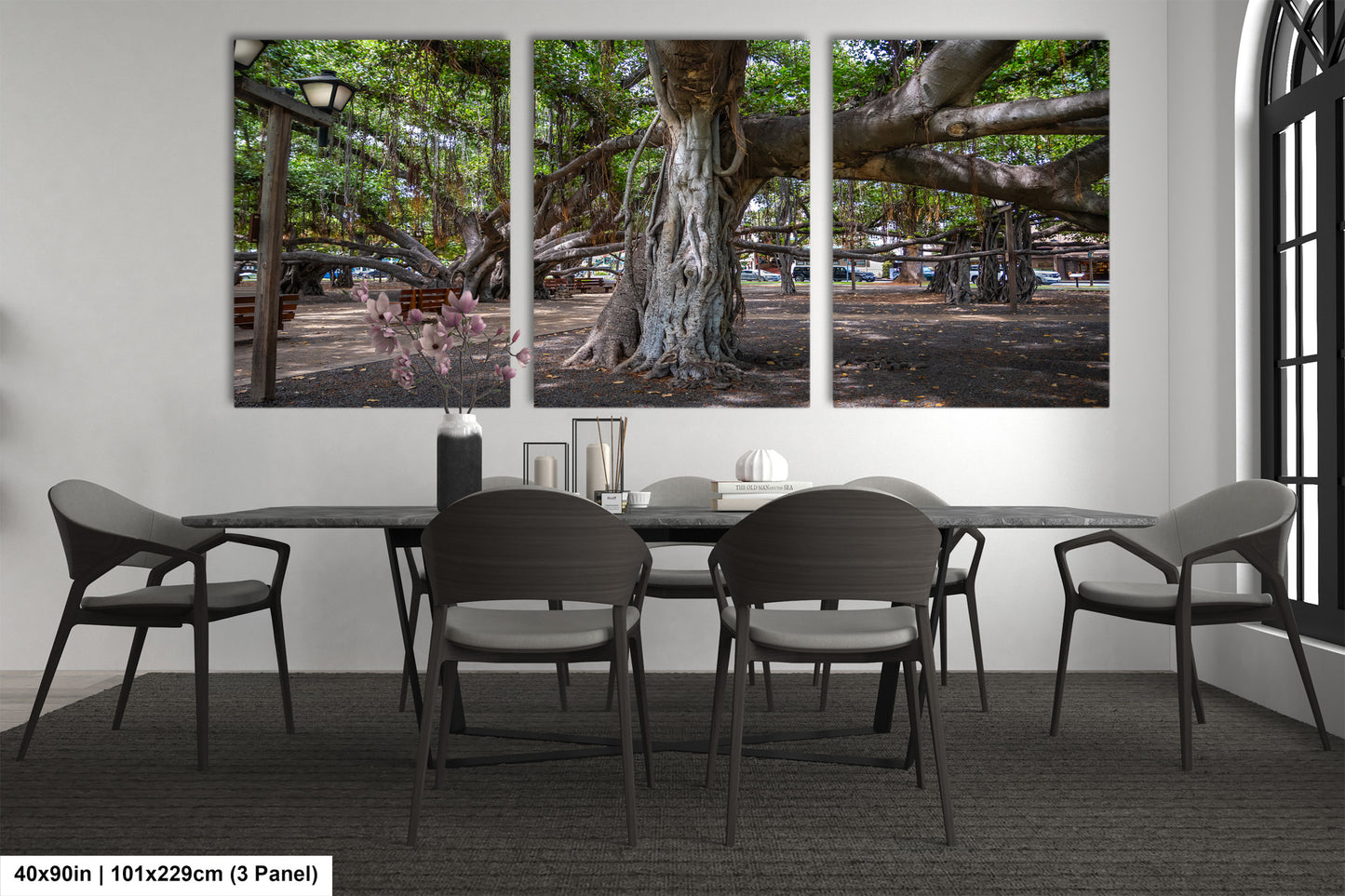 a dining room with a table and four chairs