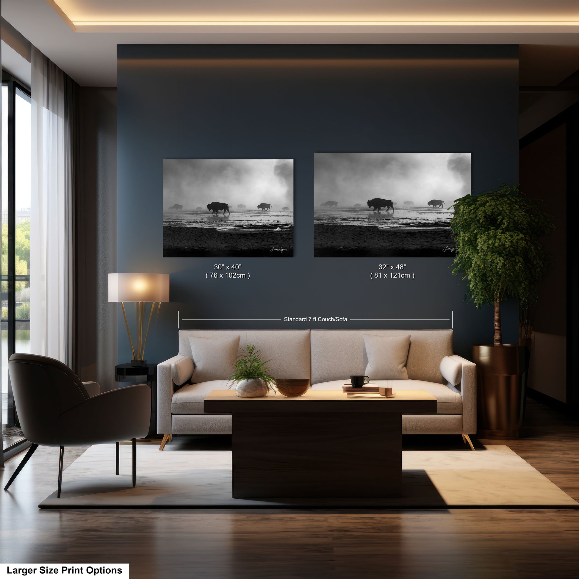 a living room with two pictures on the wall