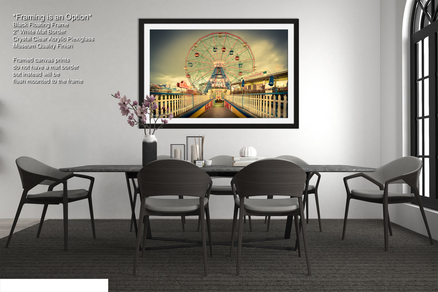 a picture of a dining room with a ferris wheel in the background