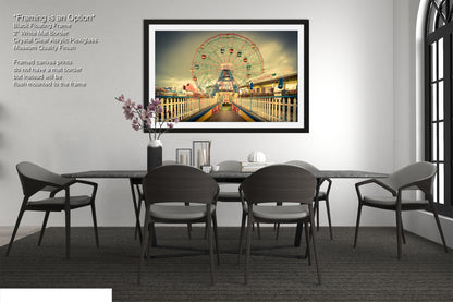 a picture of a dining room with a ferris wheel in the background