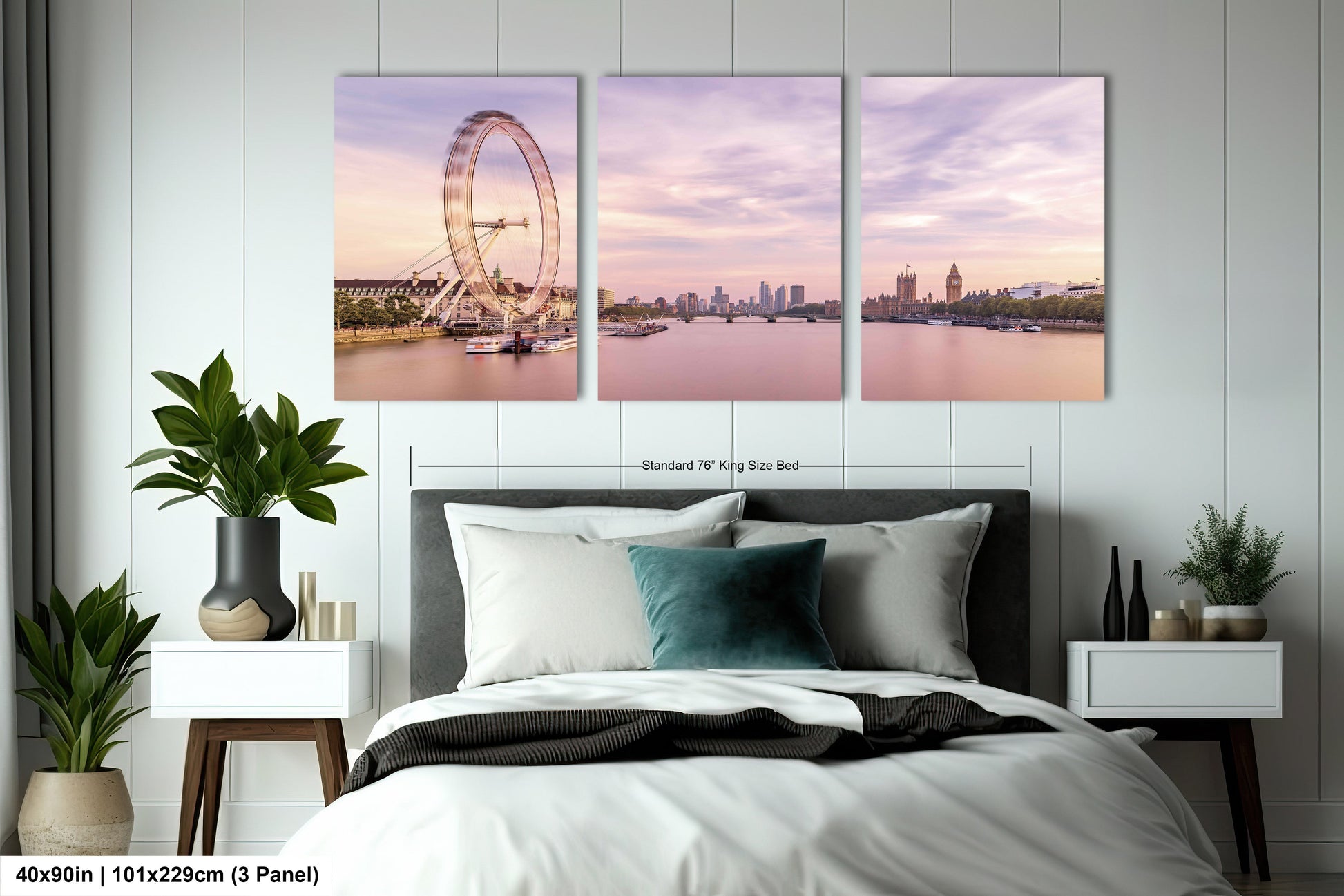 a bedroom with a large bed and a ferris wheel