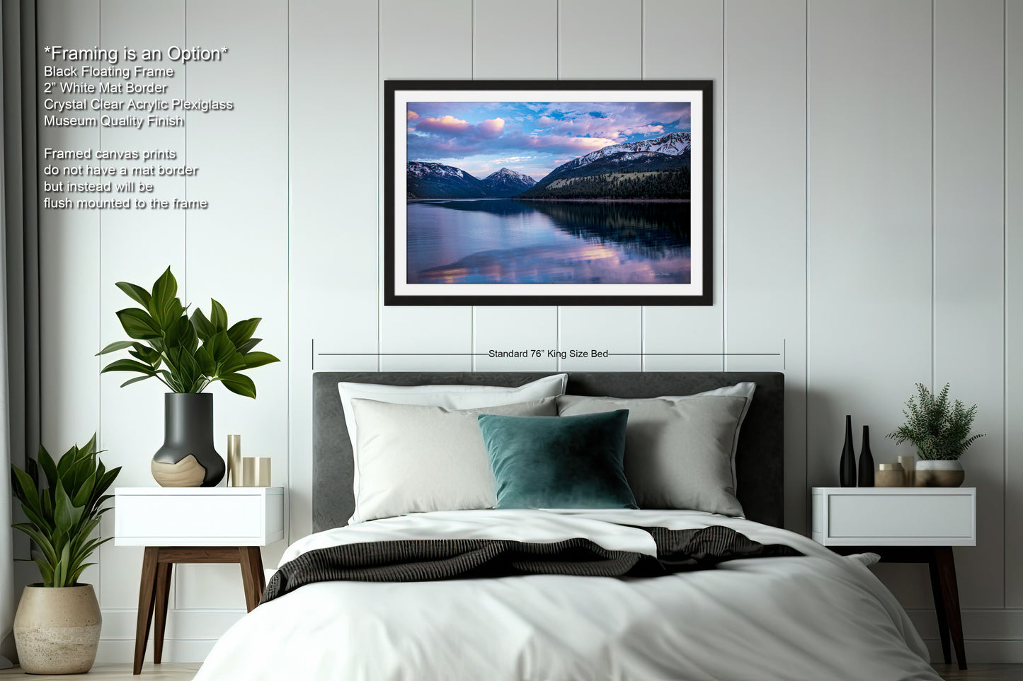a bedroom with a bed and a picture hanging on the wall