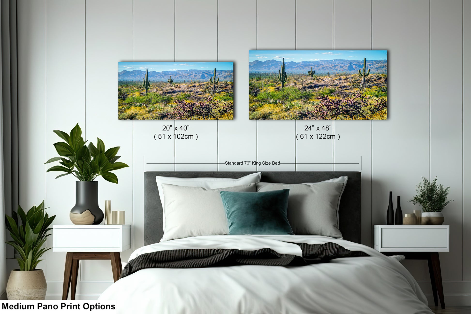 a bedroom with two framed landscape photographs hanging on the wall above a bed. The photographs depict a desert scene with cacti and mountains in the background.
