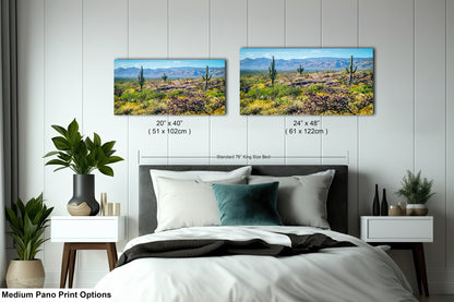a bedroom with two framed landscape photographs hanging on the wall above a bed. The photographs depict a desert scene with cacti and mountains in the background.