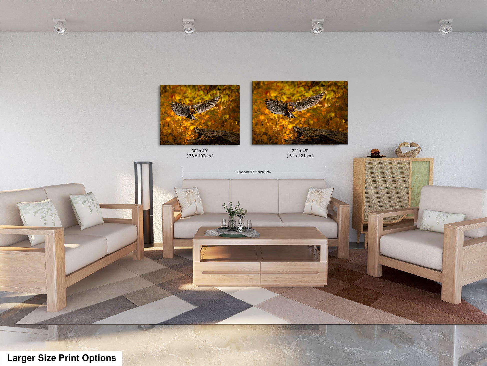 a living room filled with furniture and a painting on the wall