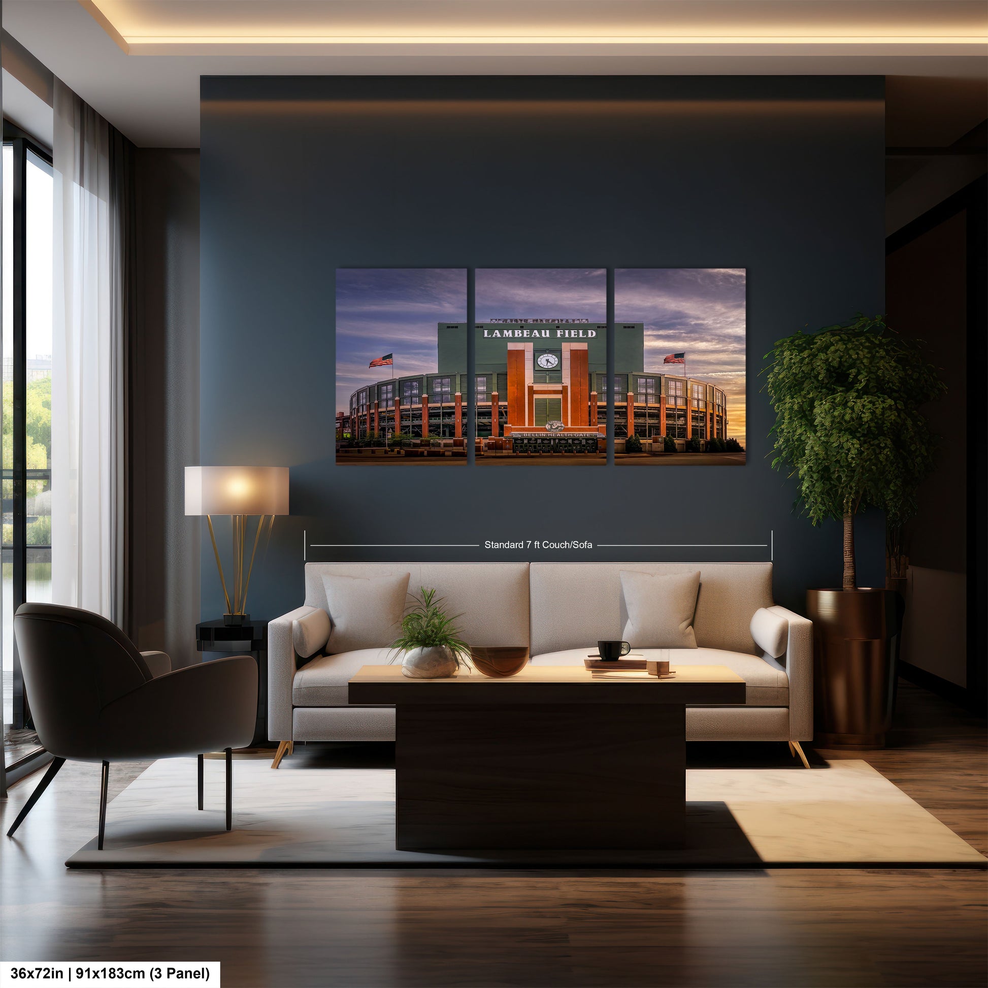 a living room with a couch a chair and a painting on the wall