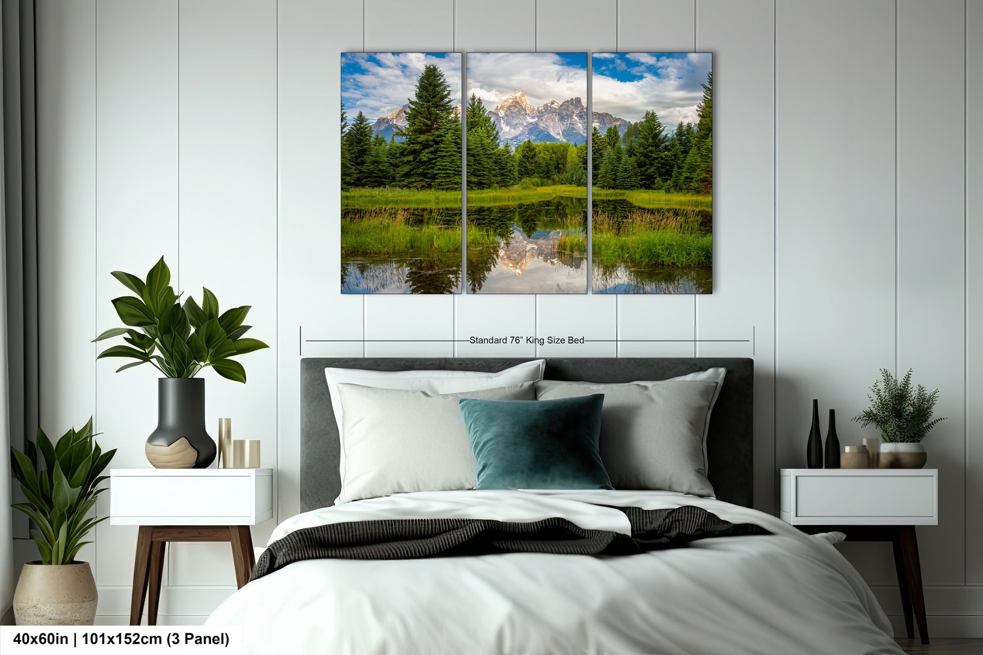 a bed room with a neatly made bed and a painting on the wall