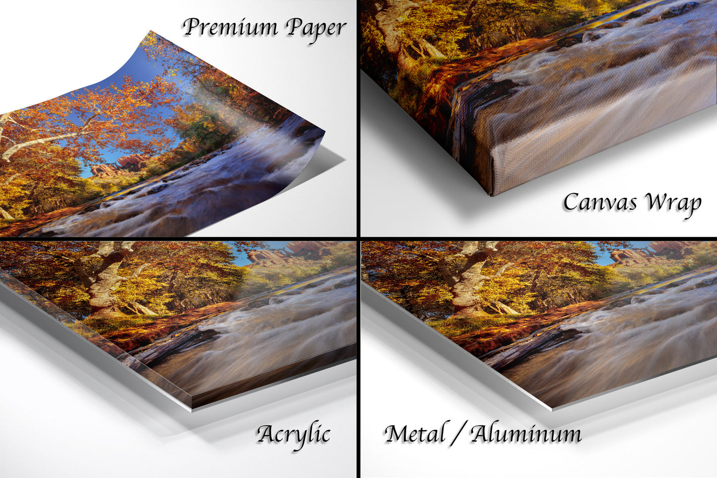 a series of four photos of a river in autumn