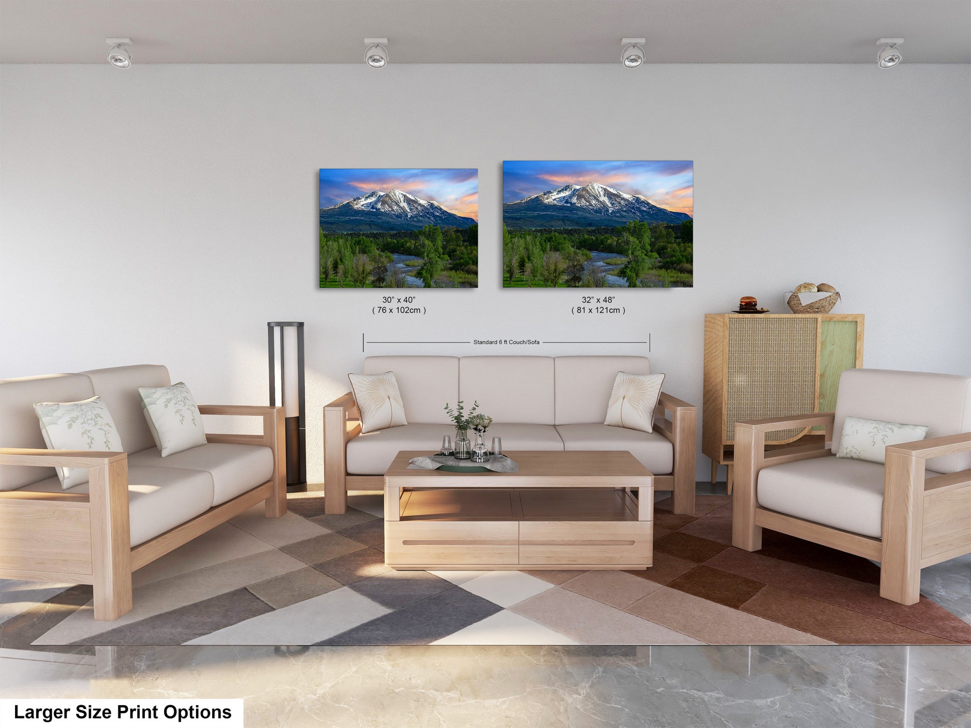 a living room filled with furniture and a painting on the wall