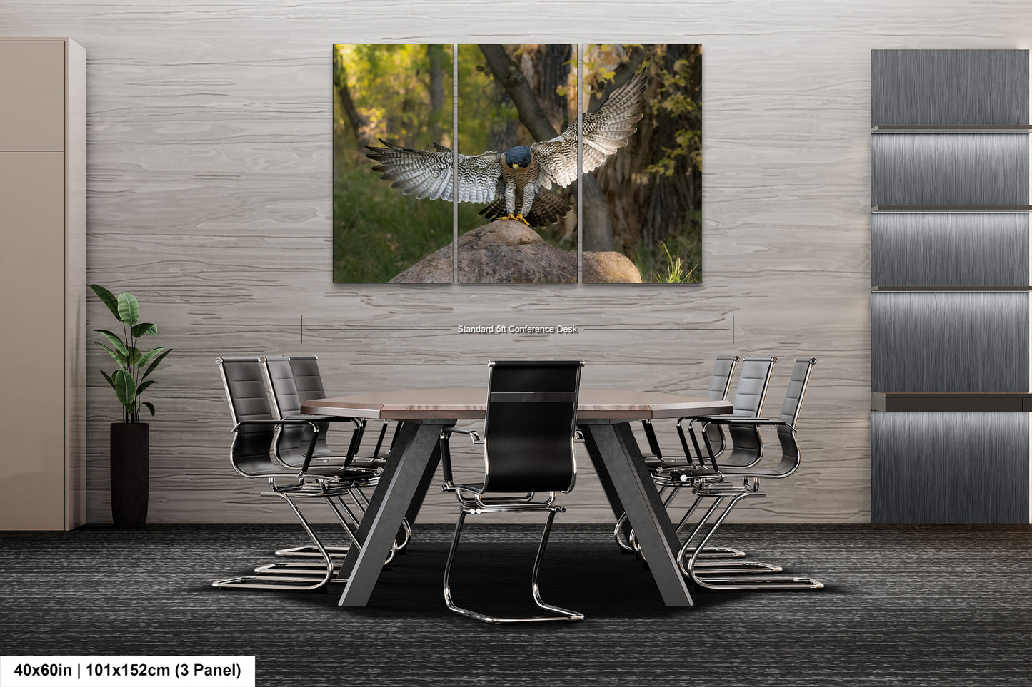 a modern office space with a large, high-quality photograph of a bird of prey, possibly a hawk or falcon, in flight displayed on the wall above a conference table surrounded by chairs.