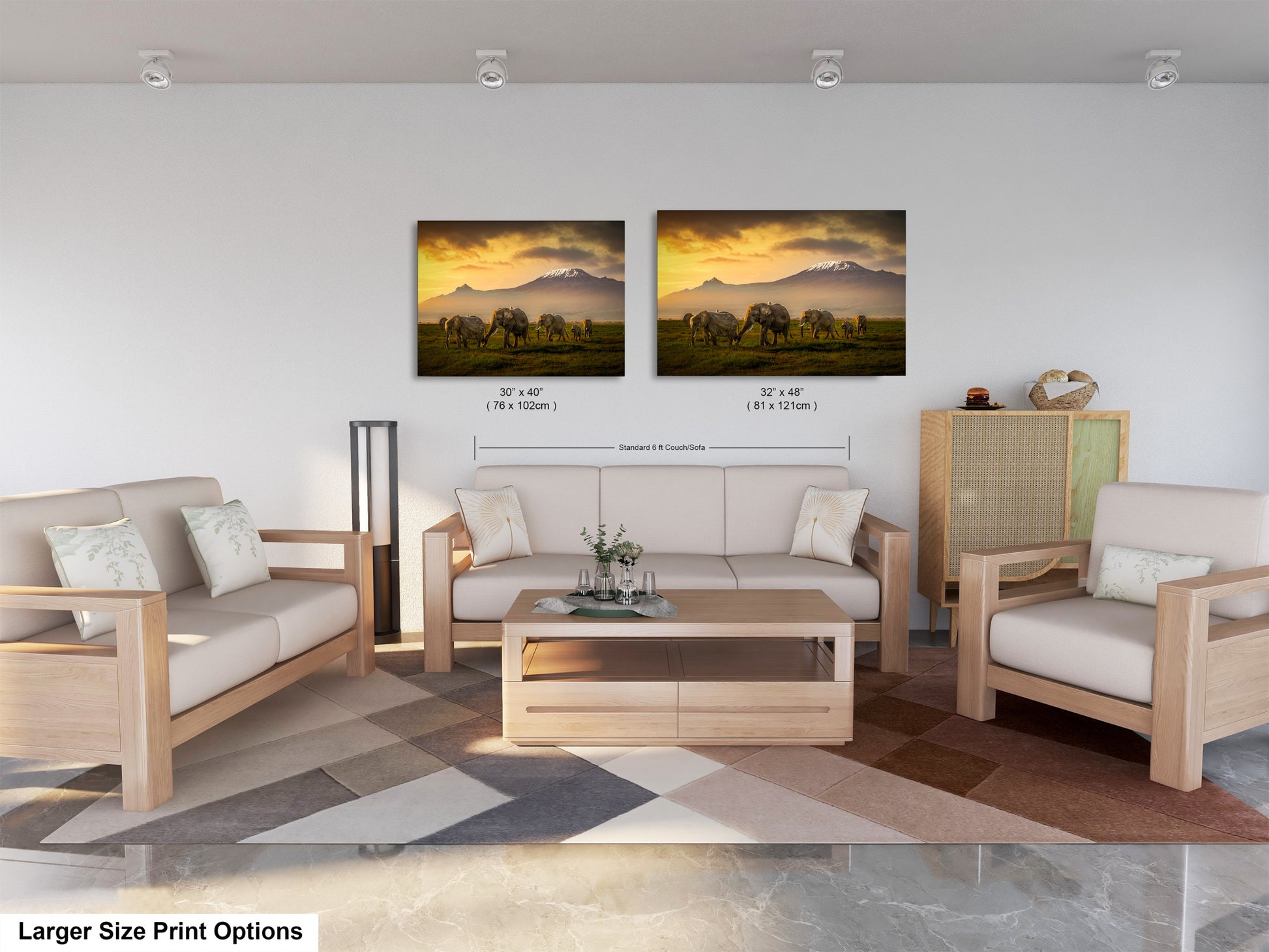 a living room filled with furniture and a painting on the wall