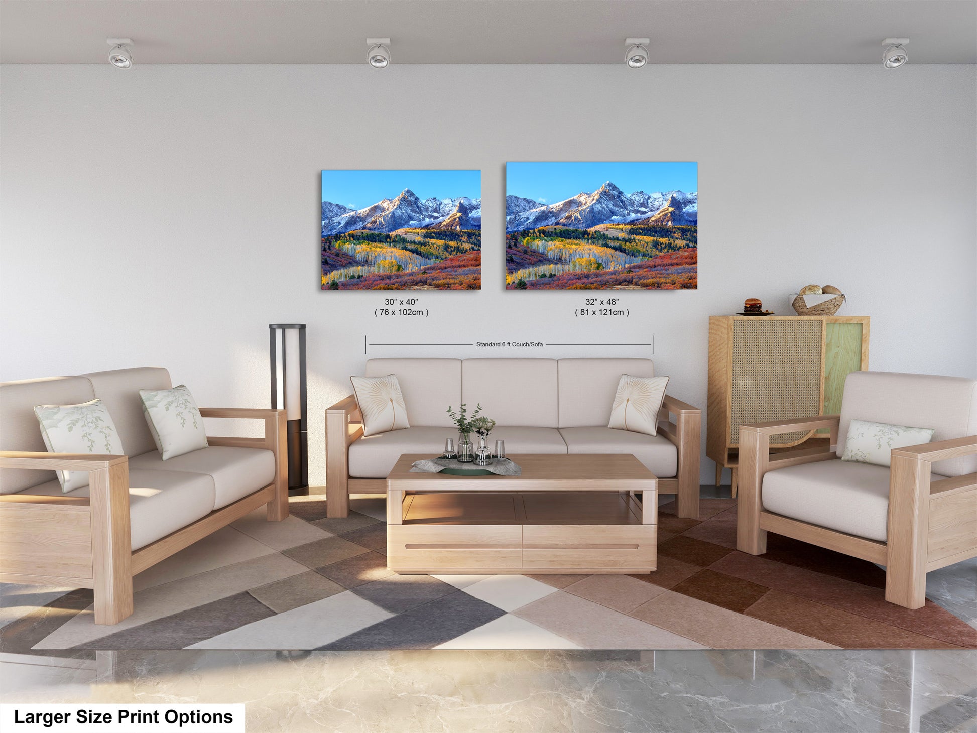a living room with two paintings on the wall